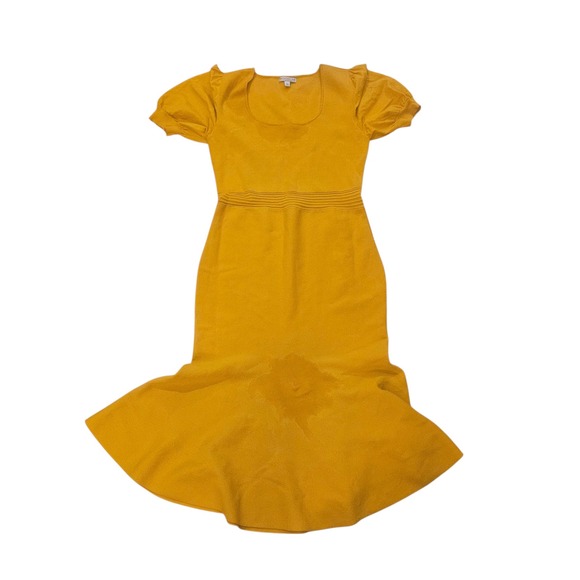 Eva Mendes Yellow Knit Midi Dress Short Sleeve Flare Hem Career Casual - Picture 1 of 3